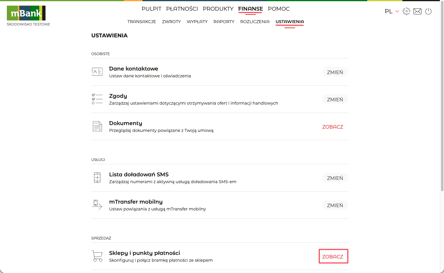 Panel PayNow, Ustawienia → Sklepy i punkty płatności — lista sklepów