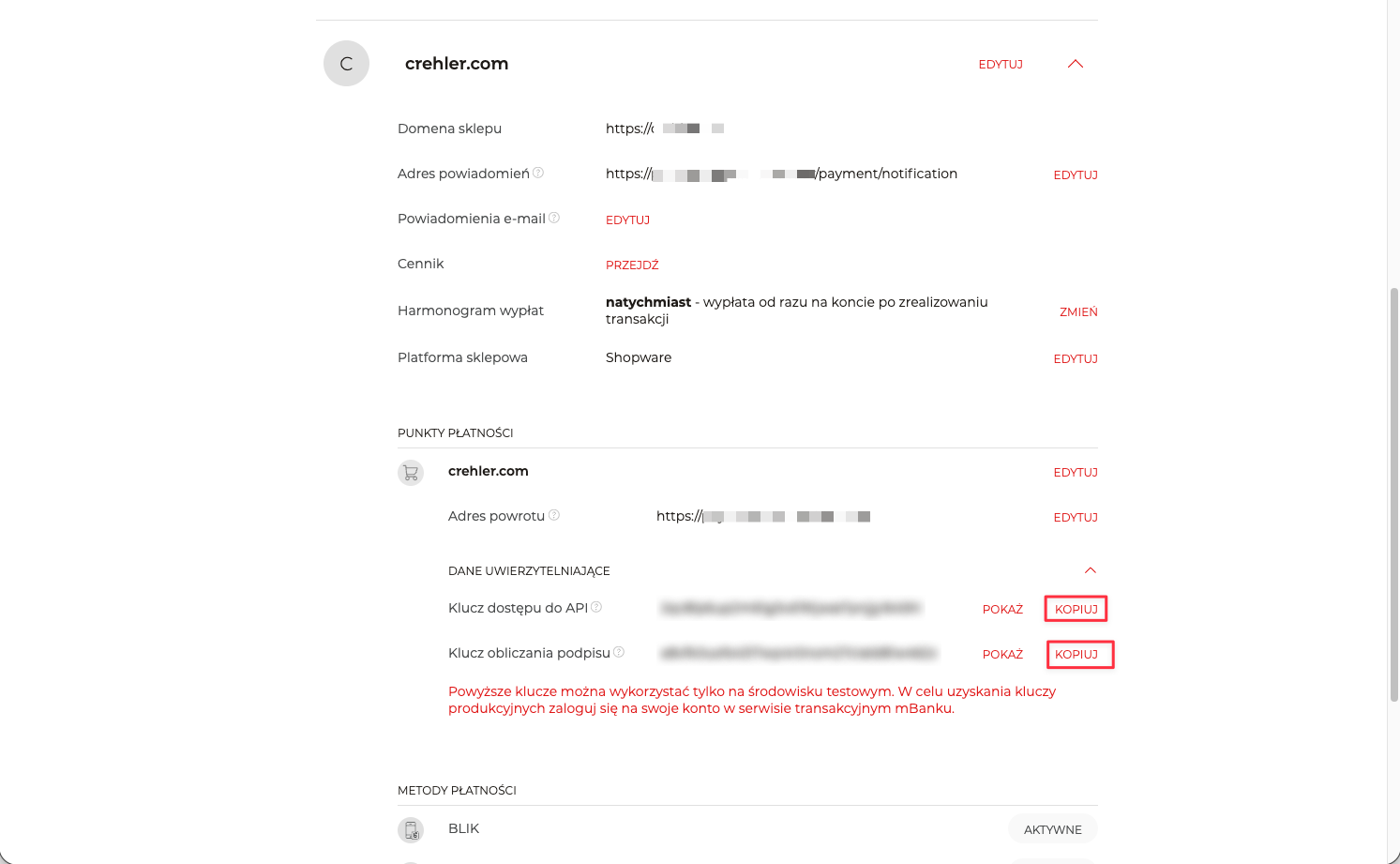 Panel PayNow — Klucz API oraz Klucz obliczania podpisu w szczegółach sklepu