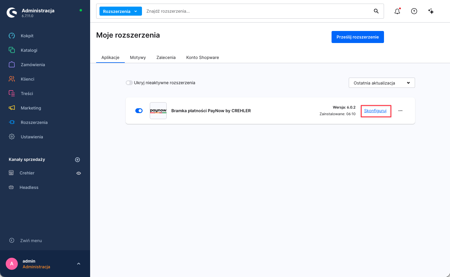 Shopware: Rozszerzenia → Moje rozszerzenia — wtyczka Bramka płatności PayNow i przycisk „Skonfiguruj"