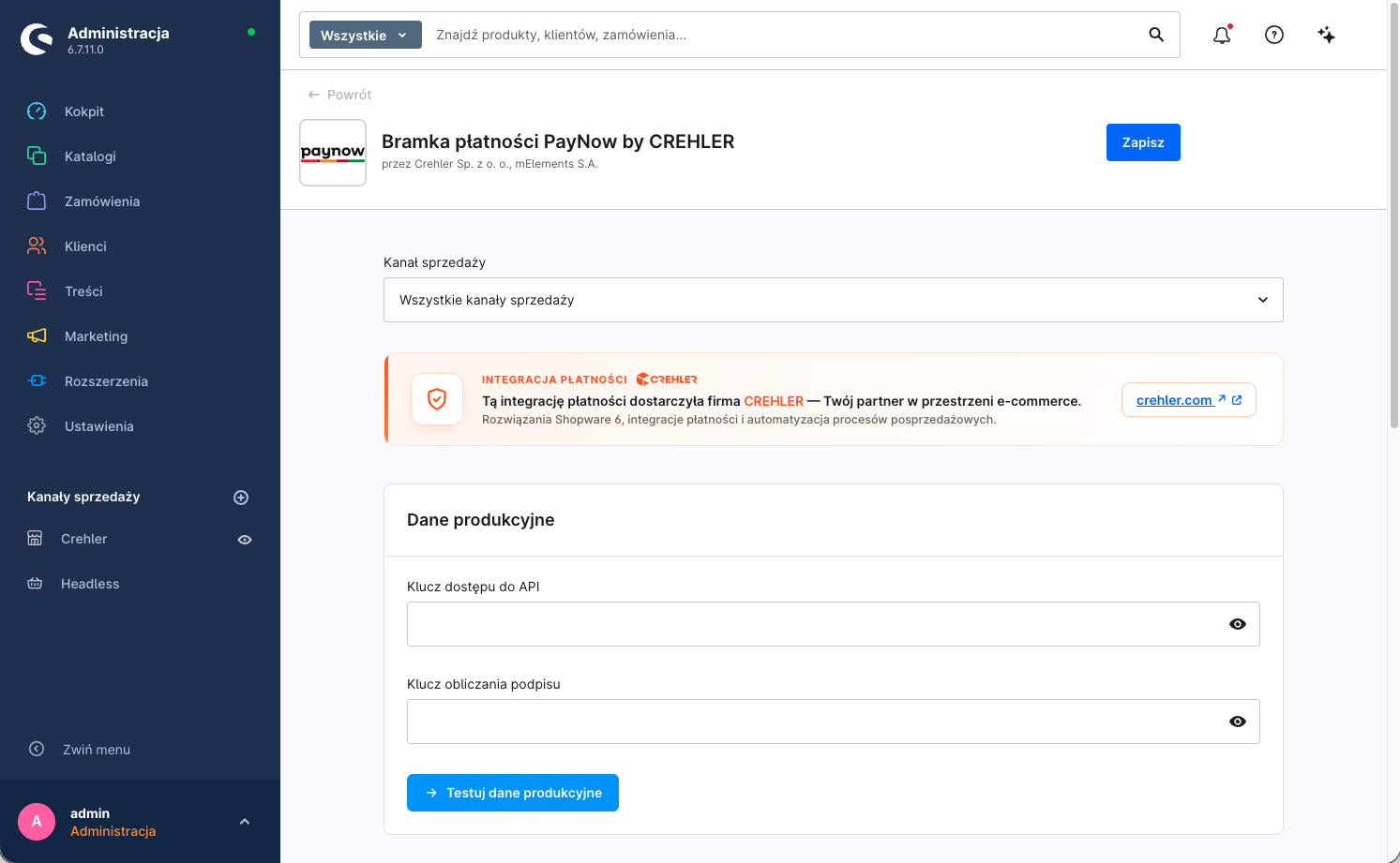 Konfiguracja wtyczki, karta Dane produkcyjne — Klucz dostępu do API, Klucz obliczania podpisu i przycisk testu połączenia