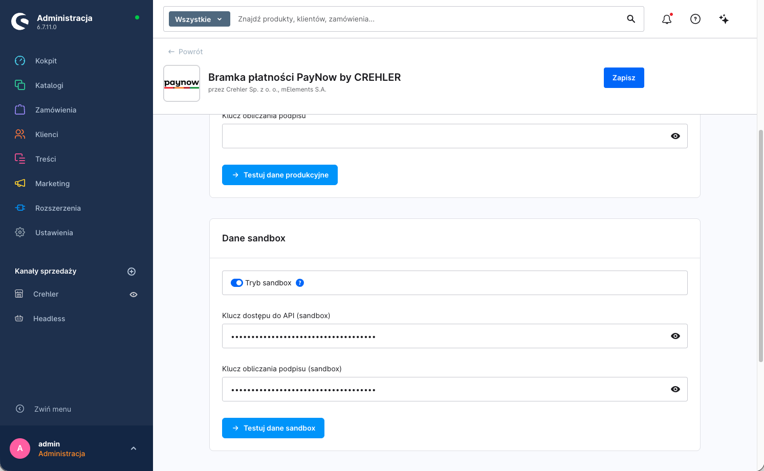 Konfiguracja wtyczki, karta Dane sandbox — włączony przełącznik Tryb sandbox, pola sandbox i przycisk testu połączenia