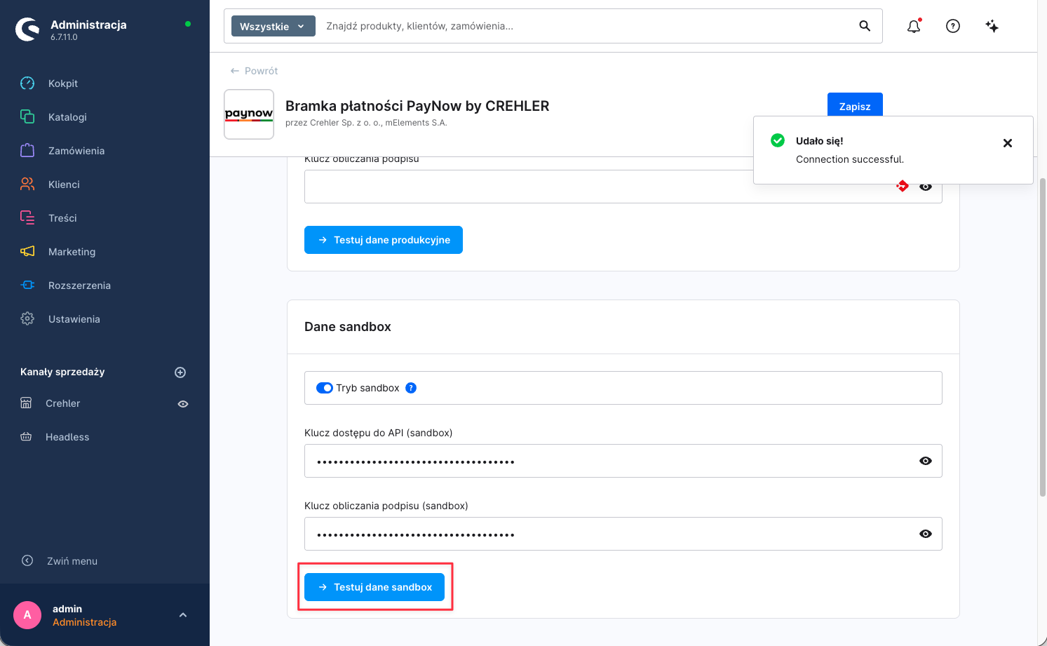 Komunikat sukcesu po teście połączenia — potwierdzenie poprawnych danych