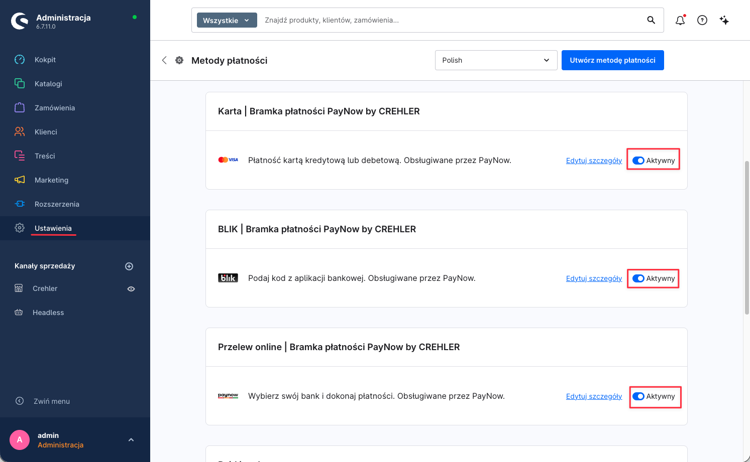 Shopware: Ustawienia → Metody płatności — Karta, BLIK i Przelew online (PayNow) z włączonym przełącznikiem „Aktywny"
