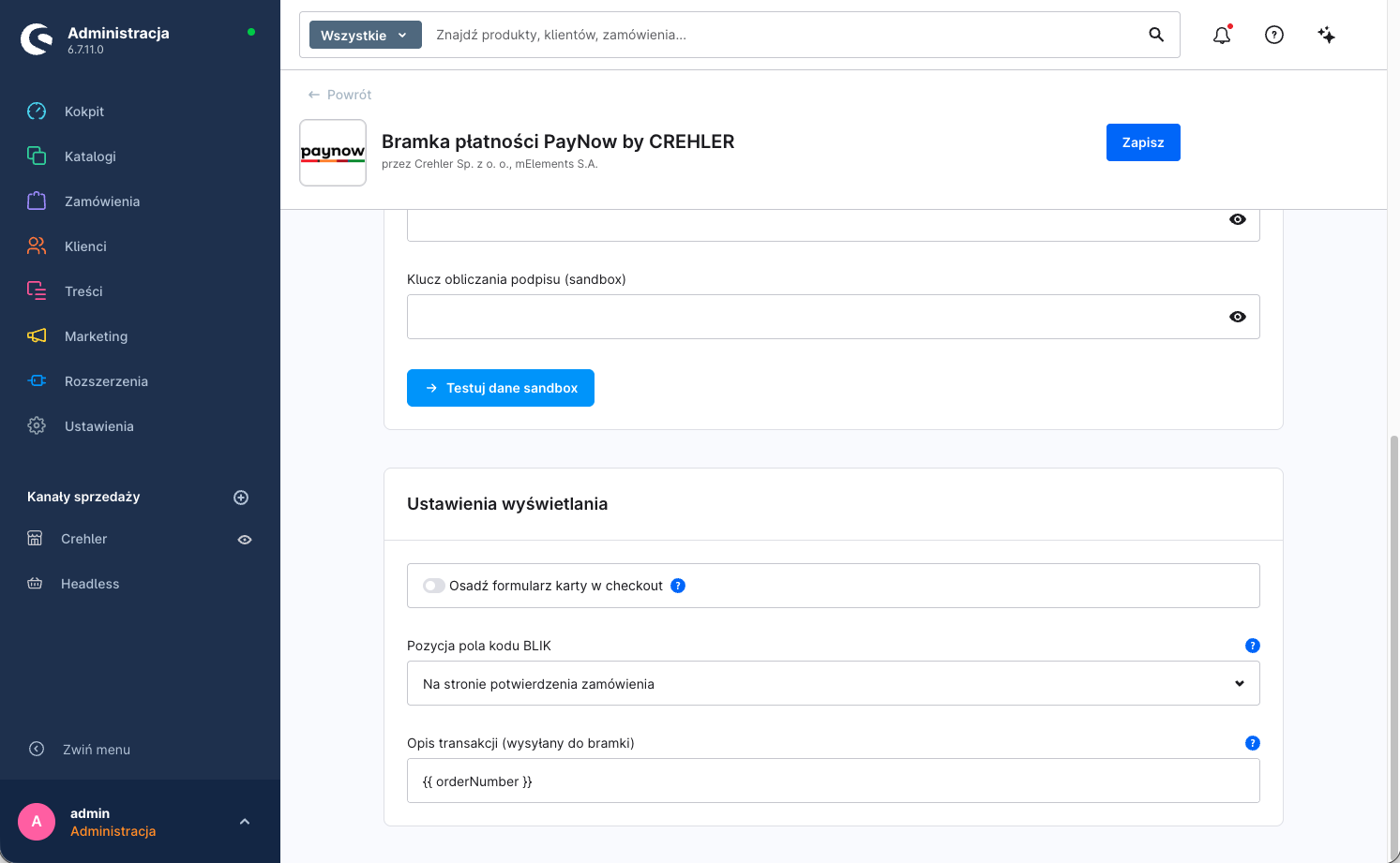 Konfiguracja wtyczki, karta Ustawienia wyświetlania — przełącznik Osadź formularz karty w checkout oraz lista Pozycja pola kodu BLIK
