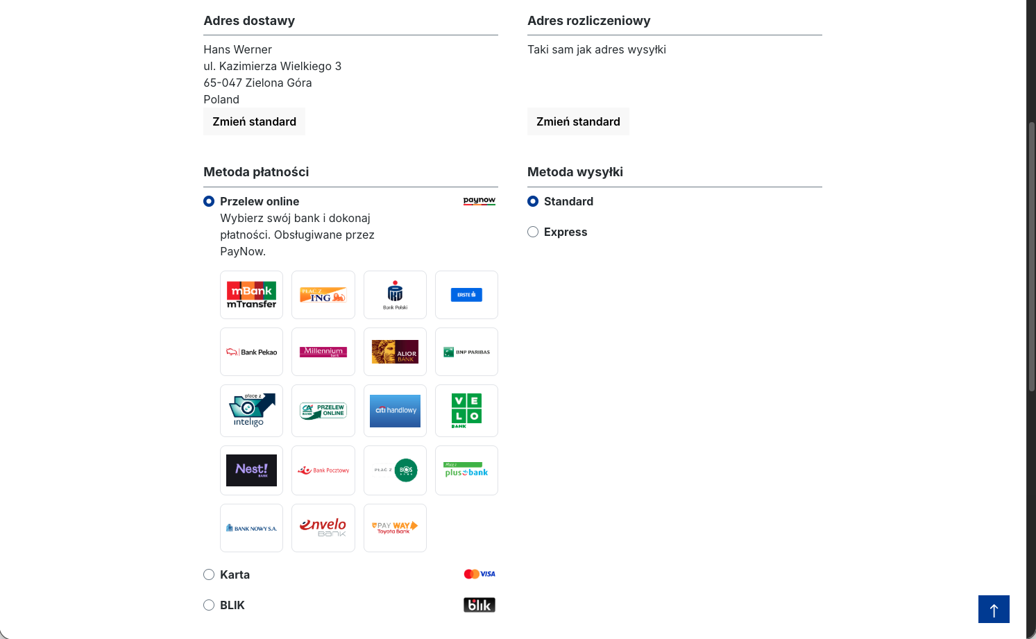 Checkout z zaznaczonym Przelew online i rozwiniętą listą banków pay-by-link