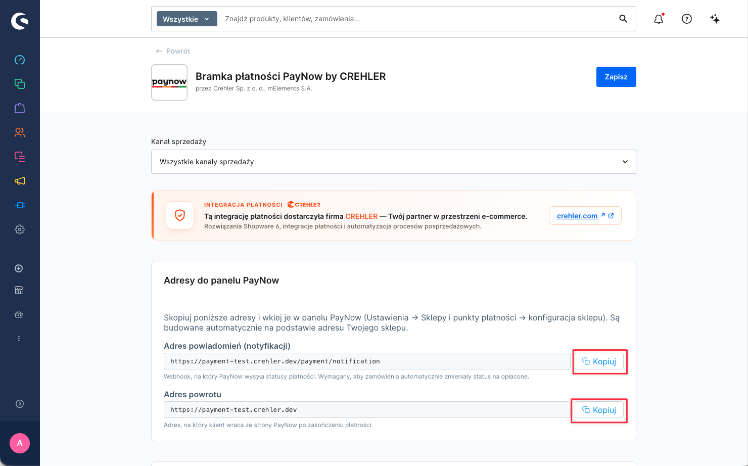 Konfiguracja wtyczki, karta „Adresy do panelu PayNow" — Adres powiadomień i Adres powrotu z przyciskami „Kopiuj"