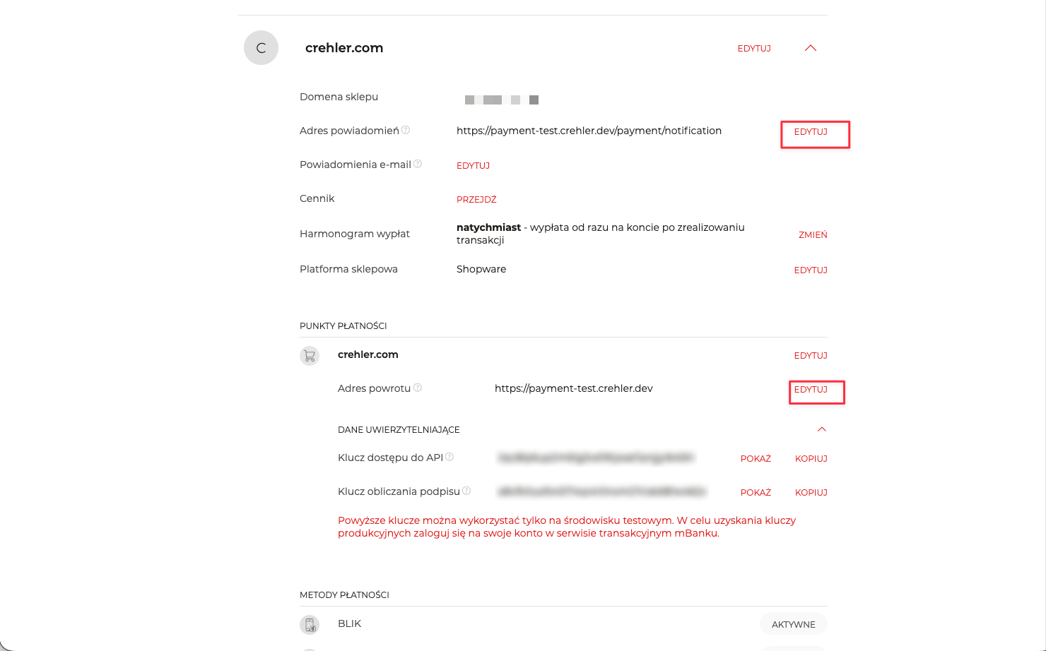Panel PayNow — pola Adres powiadomień i Adres powrotu w konfiguracji sklepu (adresy wklejone z konfiguracji wtyczki)