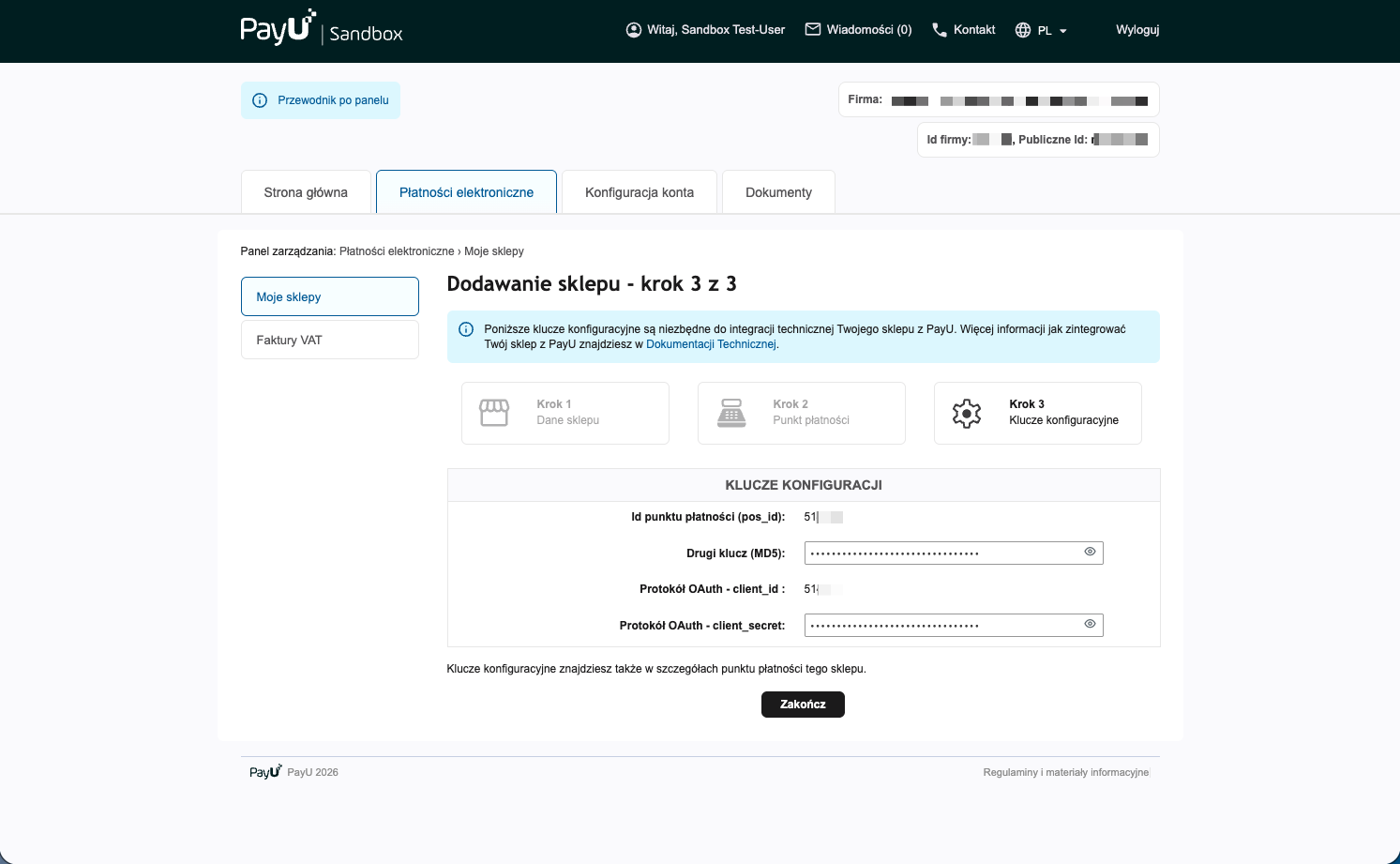 PayU → Dodaj sklep, Krok 3 — Id punktu płatności (pos_id), Drugi klucz (MD5), Protokół OAuth - client_id, Protokół OAuth - client_secret