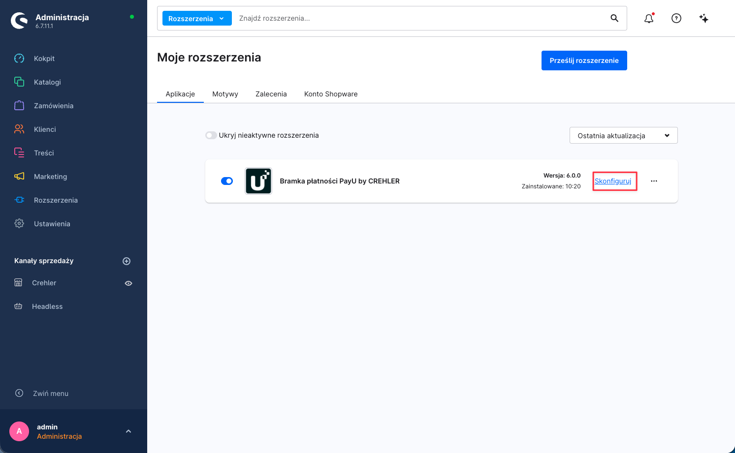 Shopware: Rozszerzenia → Moje rozszerzenia — wtyczka Bramka płatności PayU by CREHLER i przycisk „Skonfiguruj"