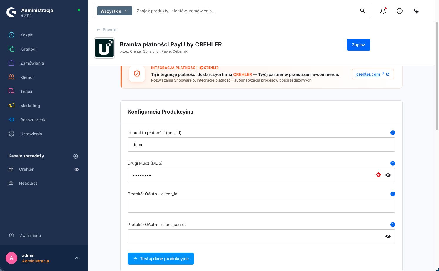 Konfiguracja wtyczki, karta Konfiguracja Produkcyjna — Id punktu płatności (pos_id), Drugi klucz (MD5), Protokół OAuth - client_id/client_secret i przycisk testu połączenia