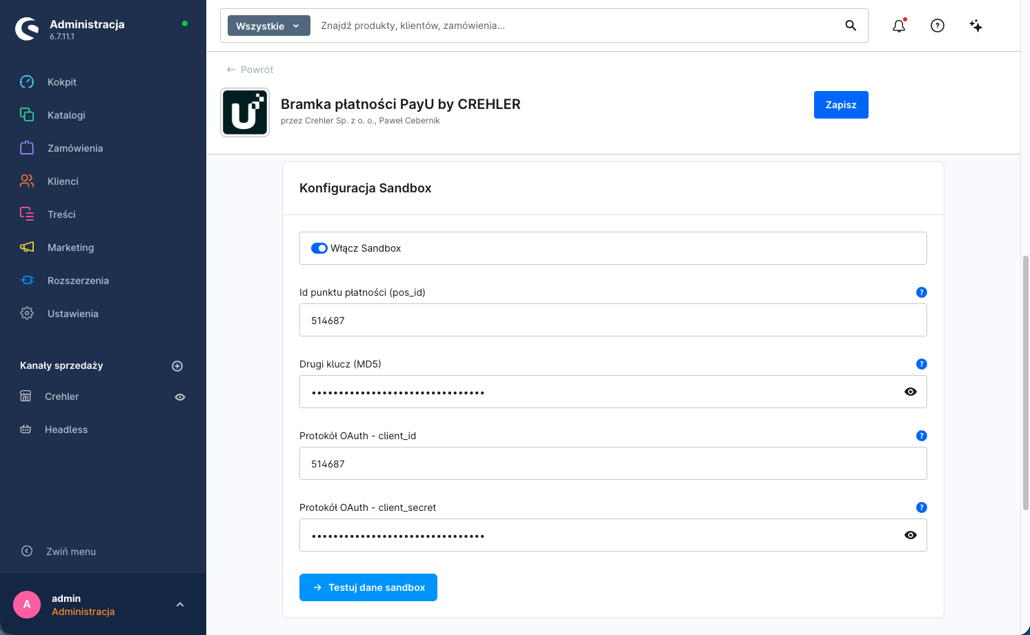 Konfiguracja wtyczki, karta Konfiguracja Sandbox — włączony przełącznik Włącz Sandbox, pola sandbox i przycisk testu połączenia