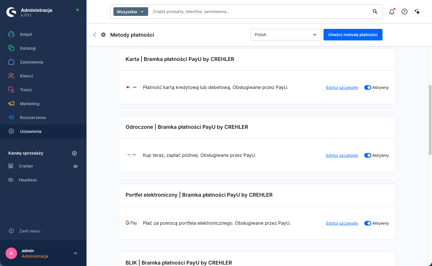 Shopware: Ustawienia → Metody płatności — metody PayU (Karta, BLIK, Przelew online, E-portfel, Płatności odroczone) z włączonym przełącznikiem „Aktywny"