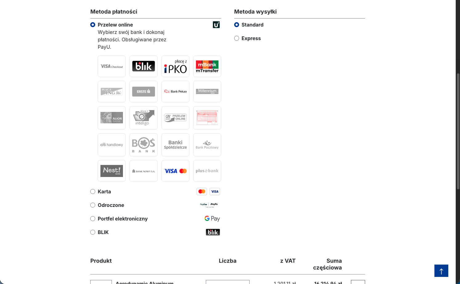 Checkout z zaznaczoną metodą PayU i rozwiniętą listą banków pay-by-link