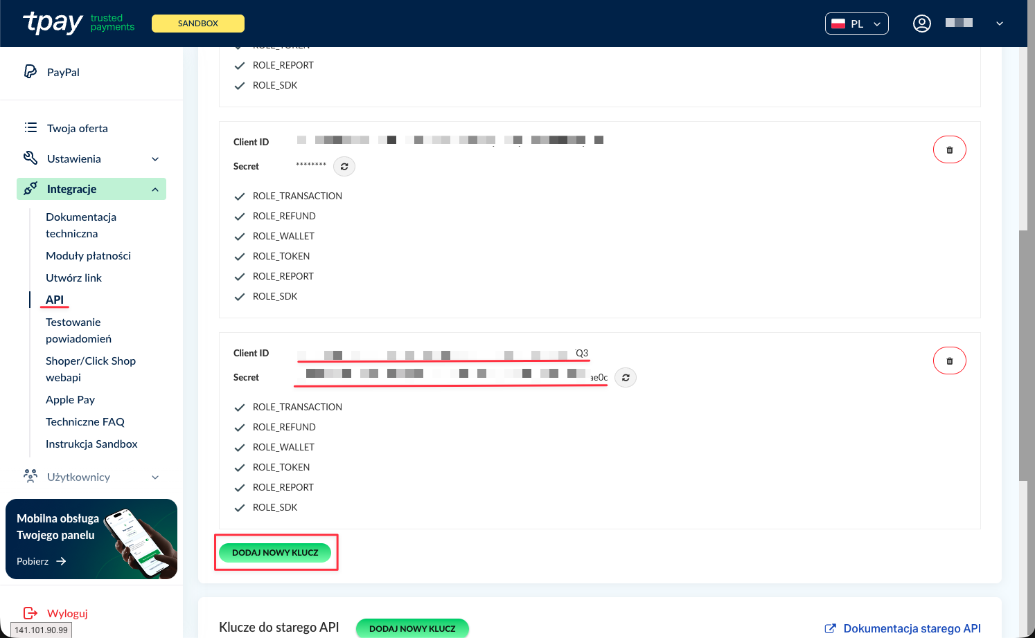 Panel Tpay, Integracje → API — pola Client ID i Secret oraz przycisk „Dodaj nowy klucz"