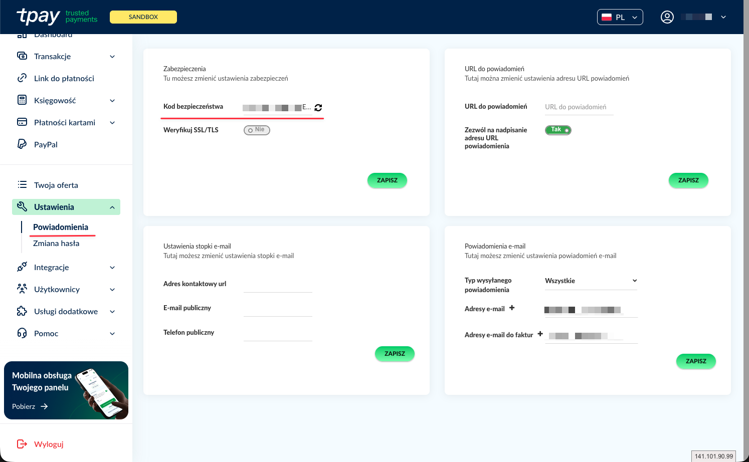 Panel Tpay, Ustawienia → Powiadomienia, karta „Zabezpieczenia" — pole Kod bezpieczeństwa