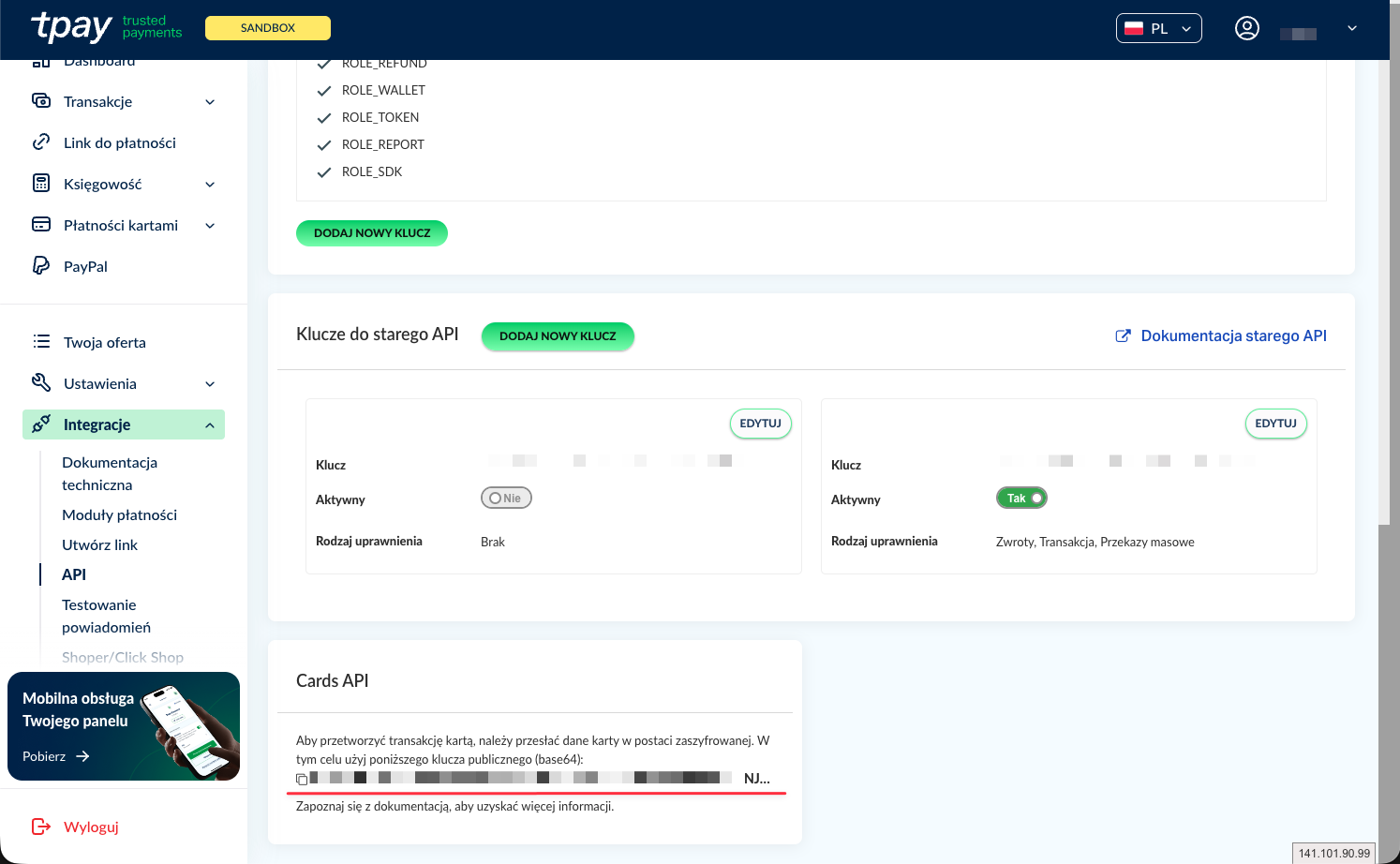 Panel Tpay, Integracje → API (dół strony), karta „Cards API" — klucz publiczny w formacie base64