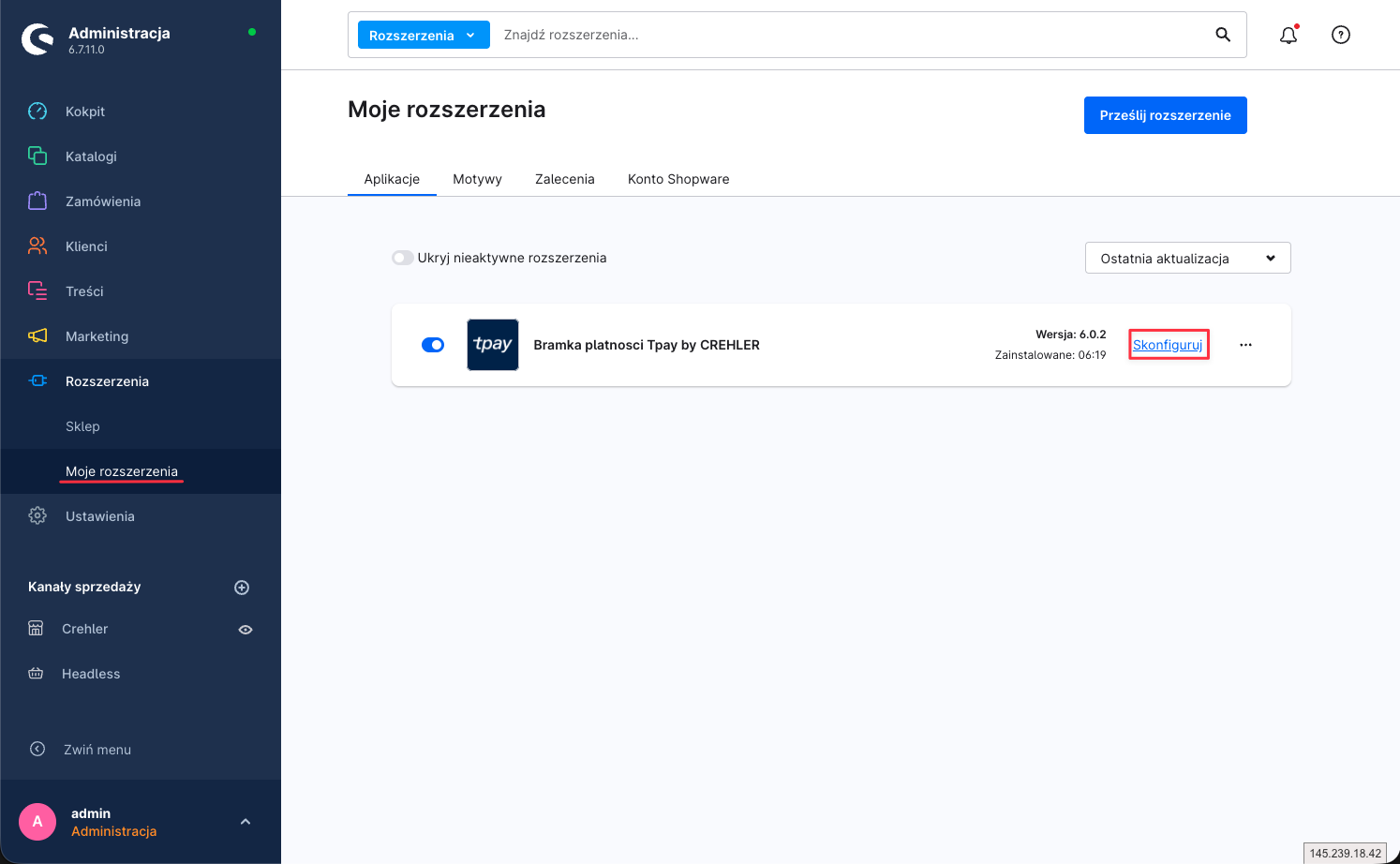 Shopware: Rozszerzenia → Moje rozszerzenia — wtyczka Bramka płatności Tpay i przycisk „Skonfiguruj"
