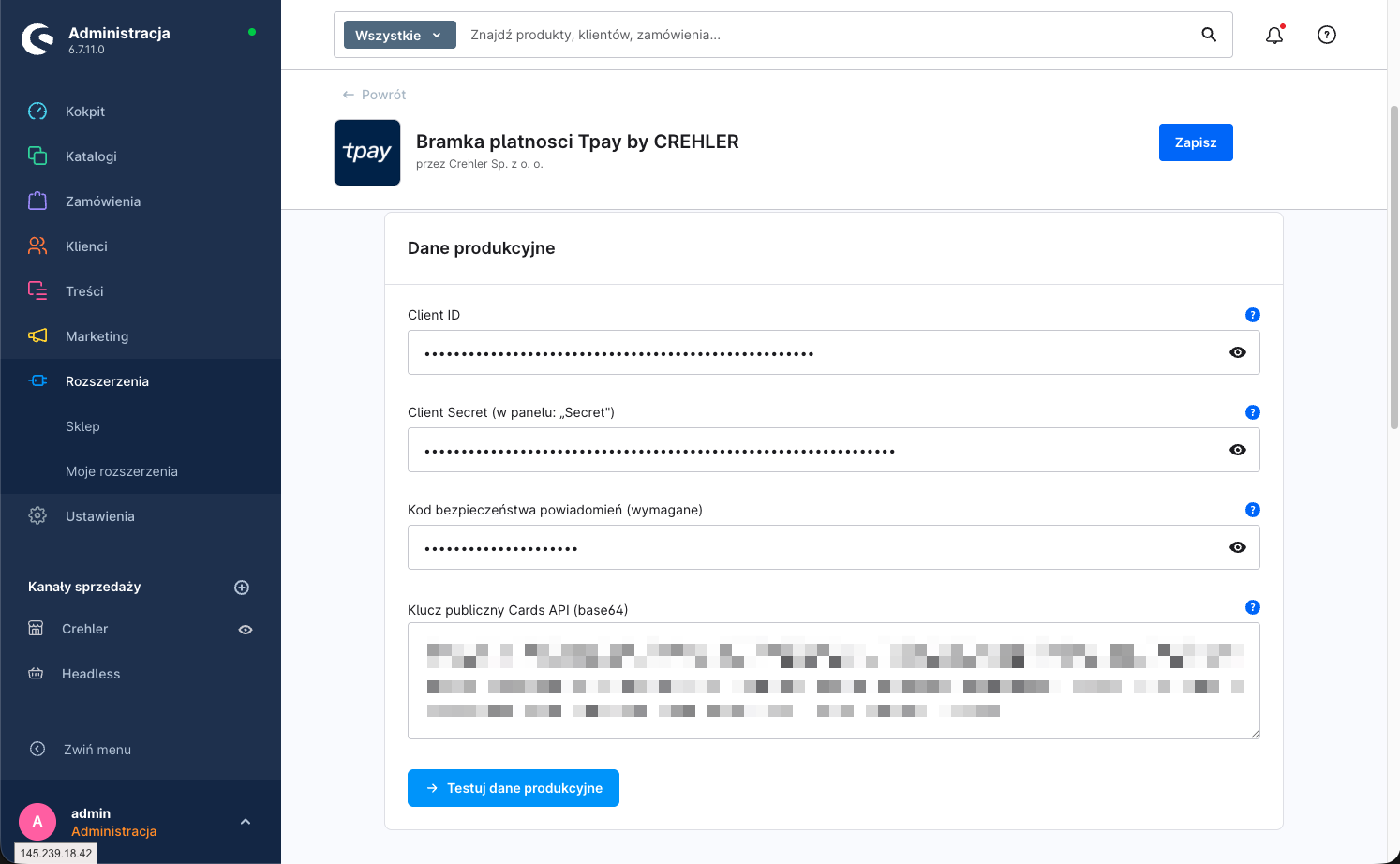 Konfiguracja wtyczki, karta Dane produkcyjne — Client ID, Client Secret, Kod bezpieczeństwa powiadomień, Klucz publiczny Cards API i przycisk „Testuj dane produkcyjne"
