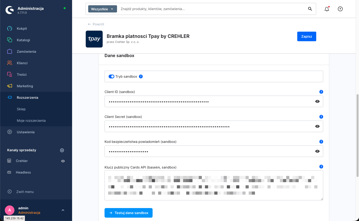 Konfiguracja wtyczki, karta Dane sandbox — włączony przełącznik Tryb sandbox, pola sandbox i przycisk „Testuj dane sandbox"