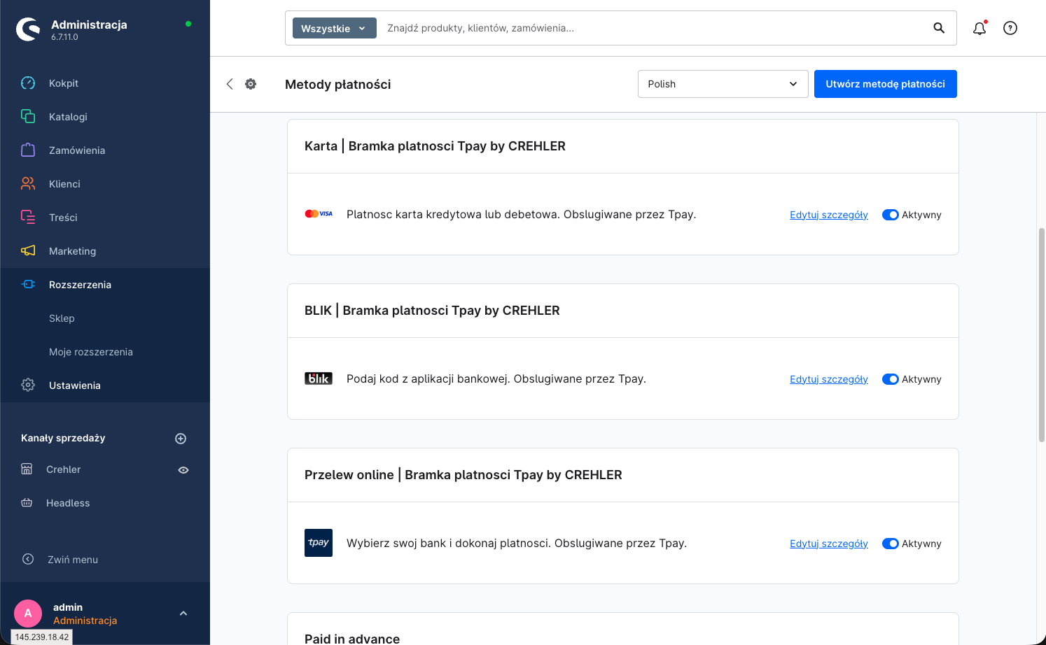 Shopware: Ustawienia → Metody płatności — Karta, BLIK i Przelew online (Tpay) z włączonym przełącznikiem „Aktywny"