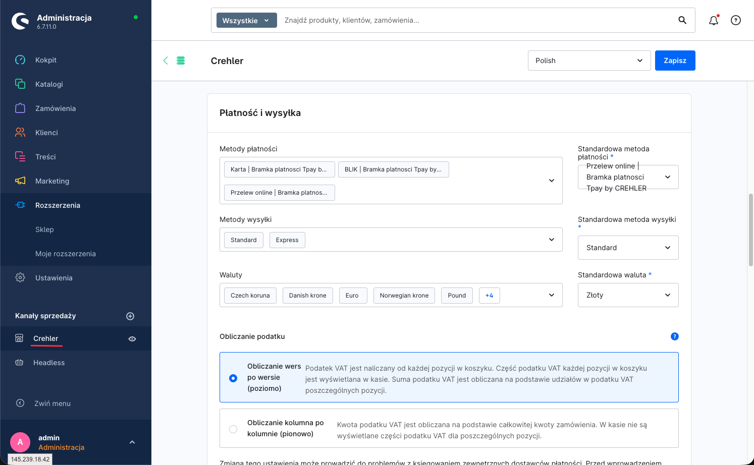 Kanał sprzedaży Crehler, sekcja Płatność i wysyłka — metody Karta, BLIK, Przelew online (Tpay), Standardowa metoda płatności i Standardowa waluta Złoty