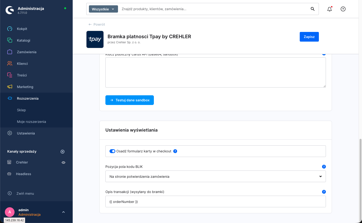 Konfiguracja wtyczki, karta Ustawienia wyświetlania — przełącznik Osadź formularz karty w checkout, lista Pozycja pola kodu BLIK i pole Opis transakcji