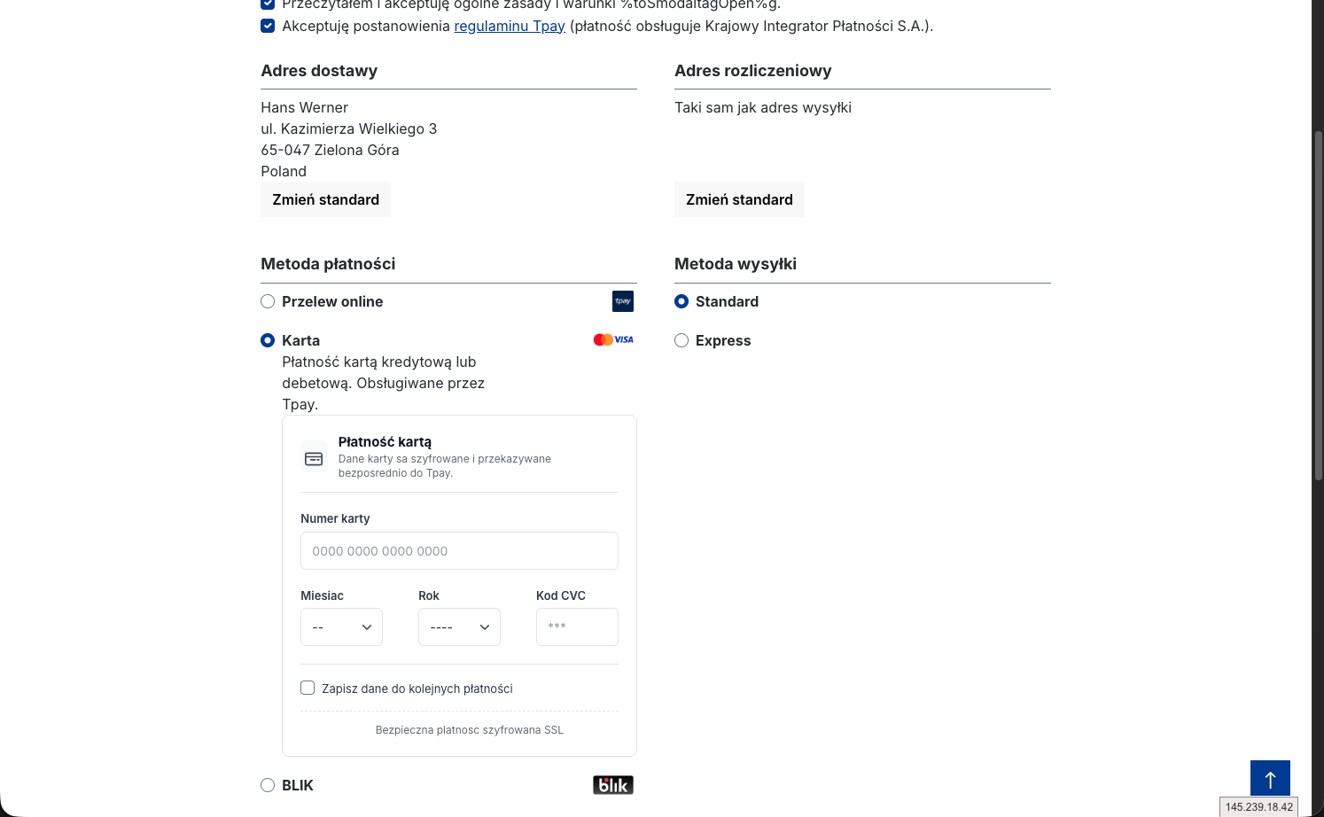 Checkout sklepu z wybraną Kartą i osadzonym formularzem — Numer karty, Miesiąc, Rok, Kod CVC oraz opcja Zapisz dane do kolejnych płatności