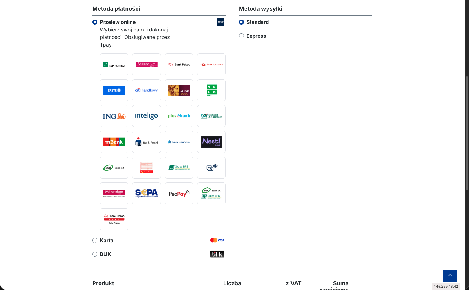 Checkout z zaznaczonym Przelew online i rozwiniętą listą banków pay-by-link