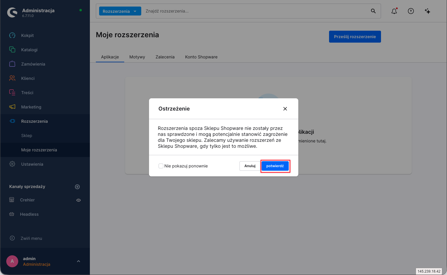 Ostrzeżenie o rozszerzeniu spoza Sklepu Shopware z przyciskiem „potwierdź"